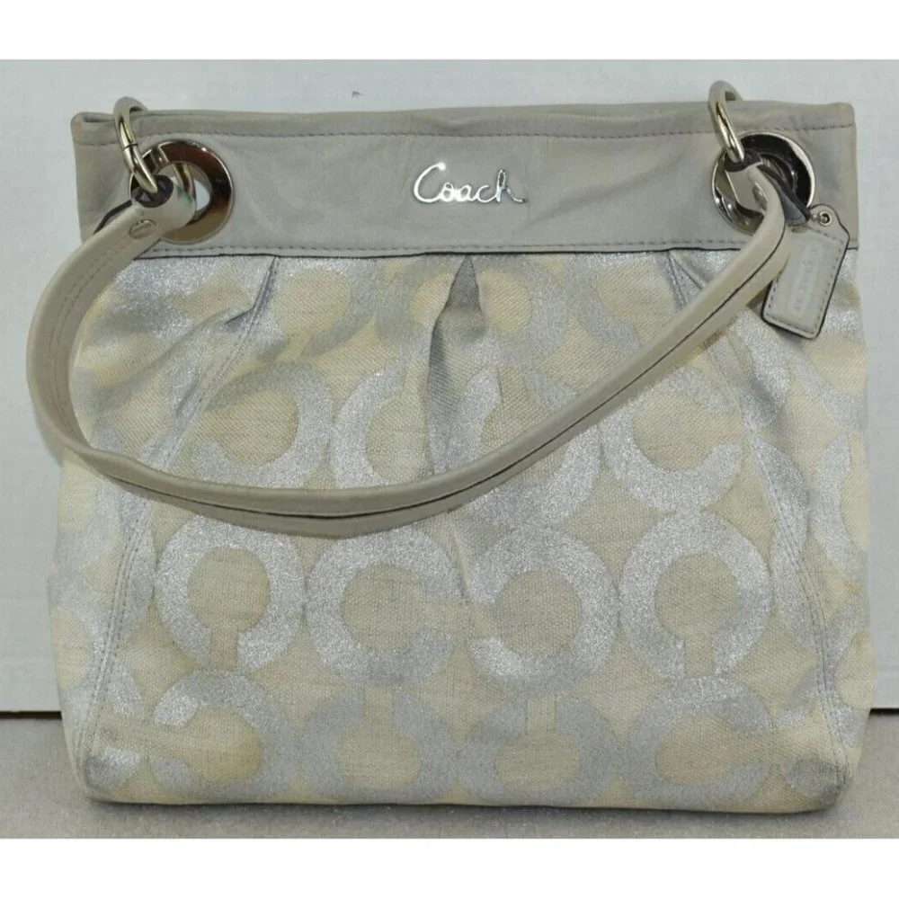 Coach Womens Ashley Signature Op Art Hippie Purse Silver Cream Shoulder Handbag - Picture 1 of 14